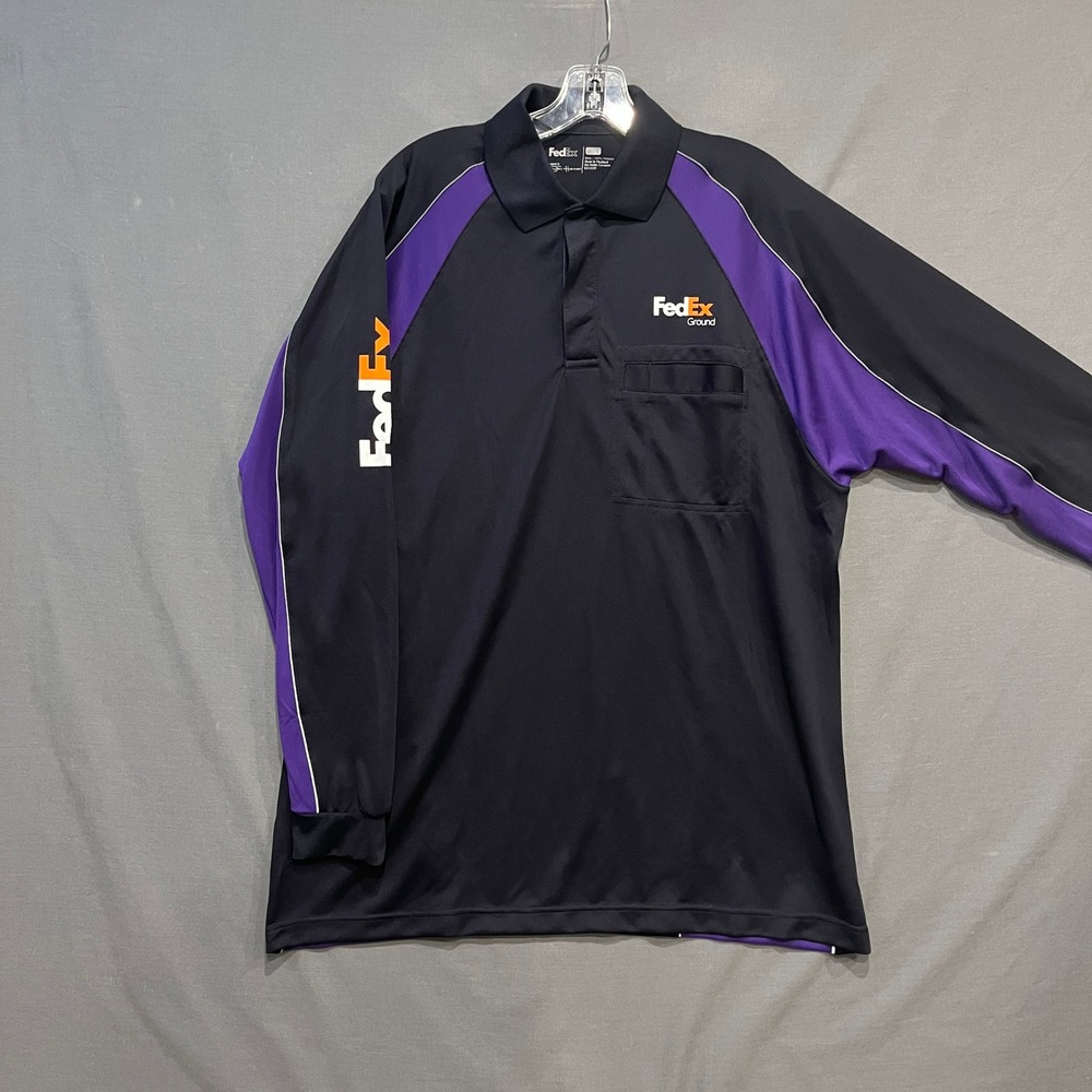 FedEx Ground Long Sleeve Polo Shirt Mens Large Black Purple Stan Herman Uniform